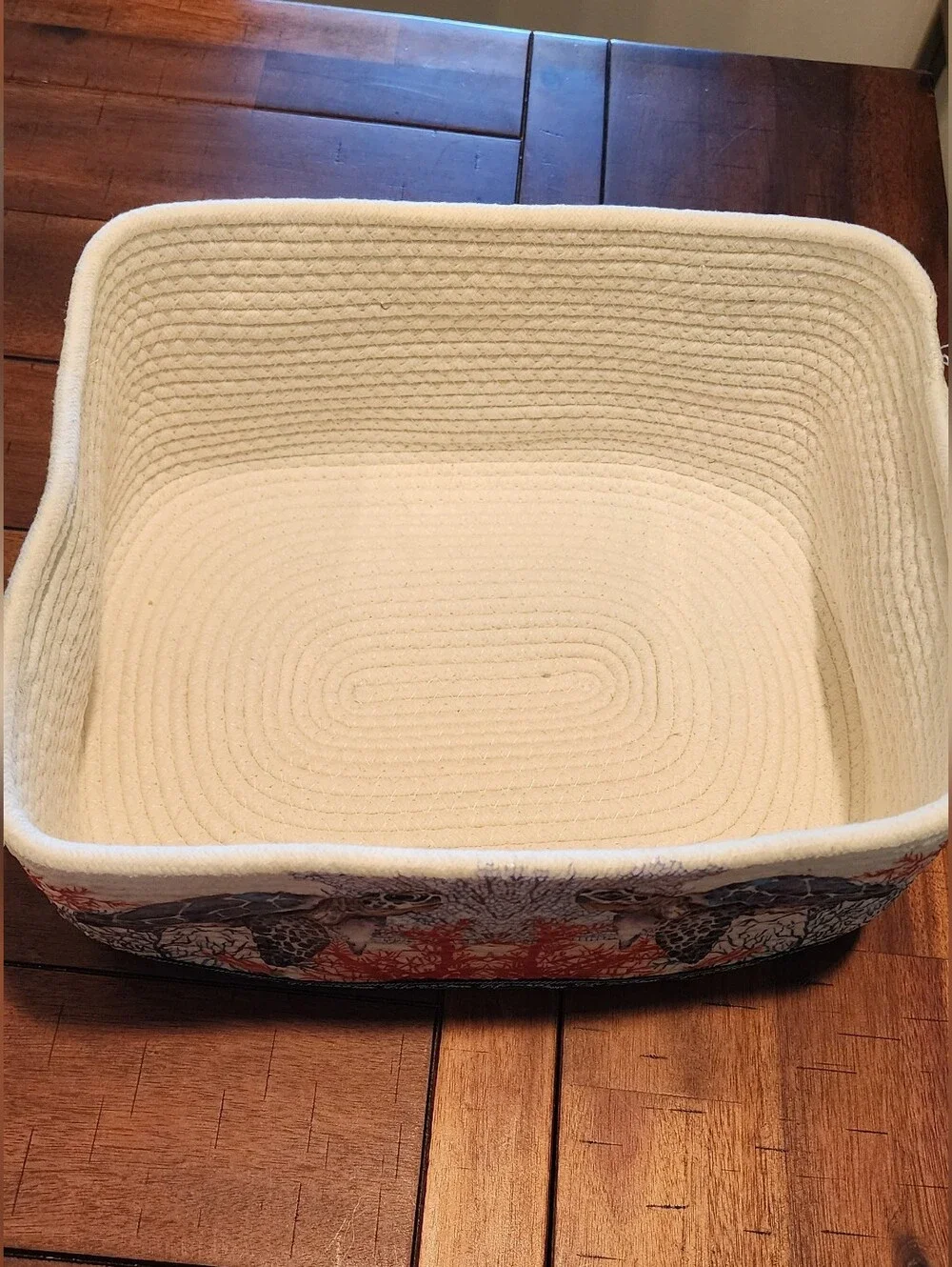 handmade rope basket with nautical print sea turtles with handles10x12x6